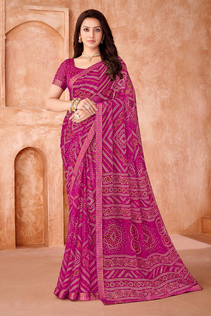 Magenta Color Bandhani Printed Chiffon Fabric Saree | Buy Online India