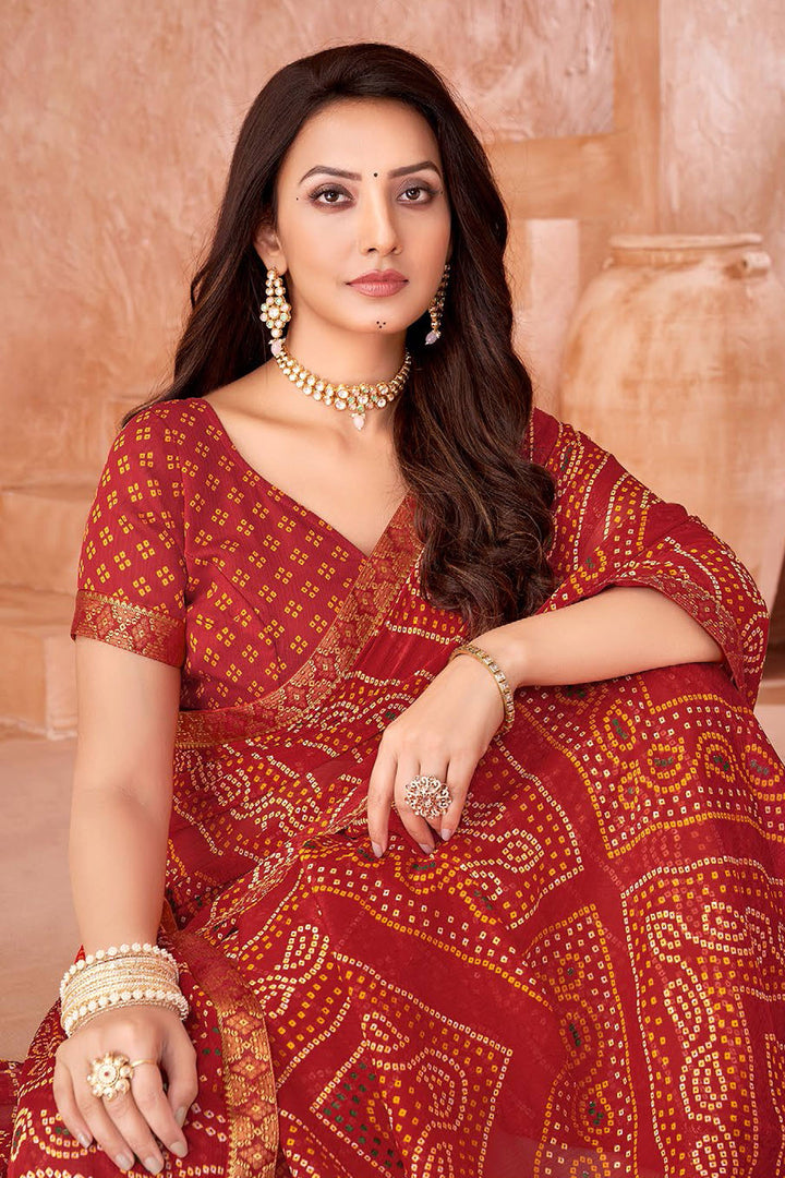 Bandhani Printed Chiffon Saree In Red Color | Buy Online India