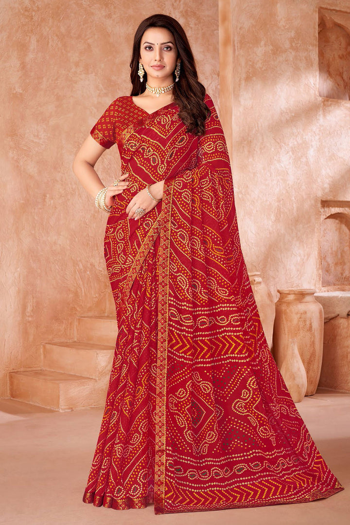 Bandhani Printed Chiffon Saree In Red Color | Buy Online India
