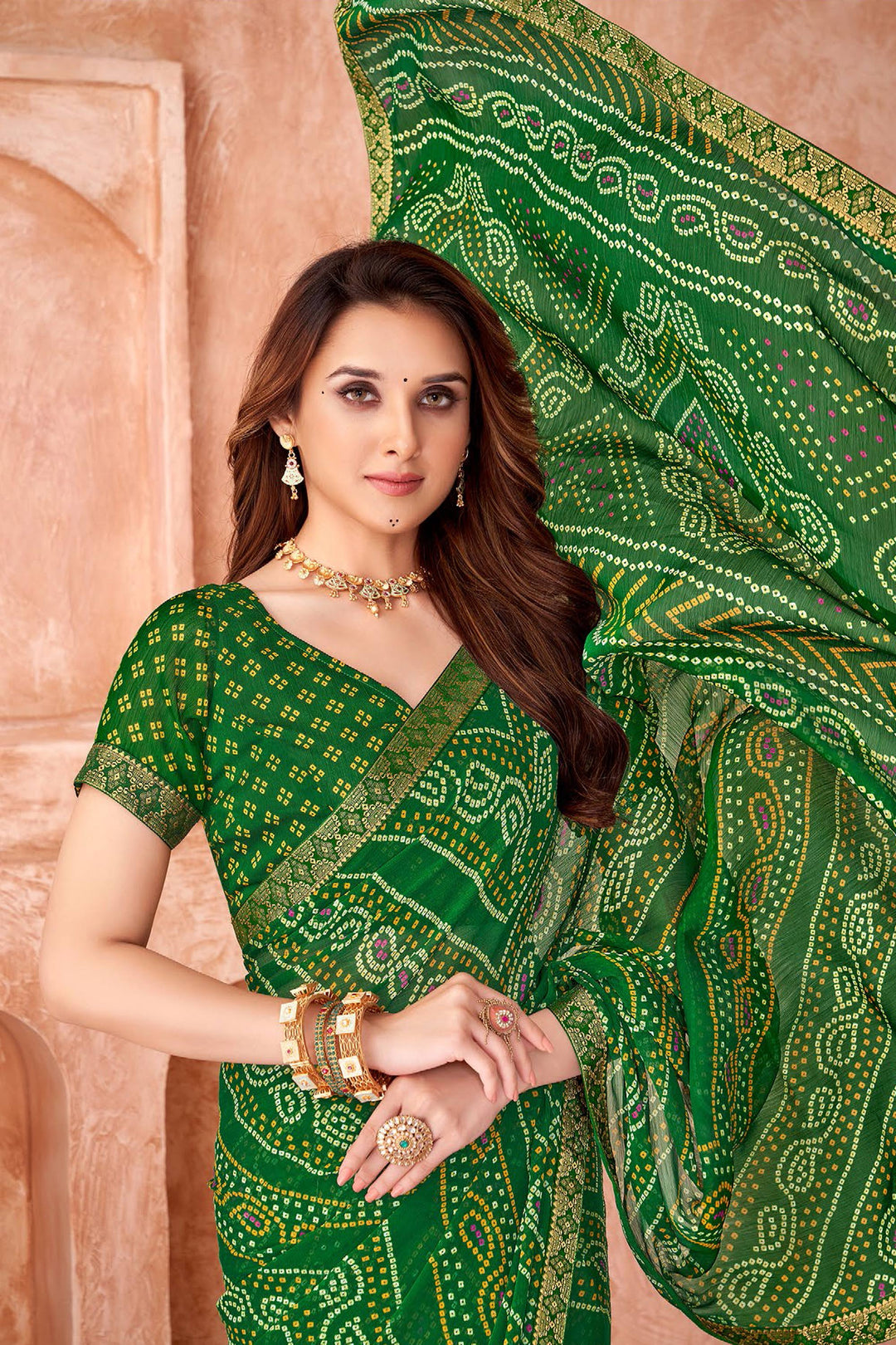 Green Color Bandhani Printed Chiffon Fabric Saree | Buy Online India