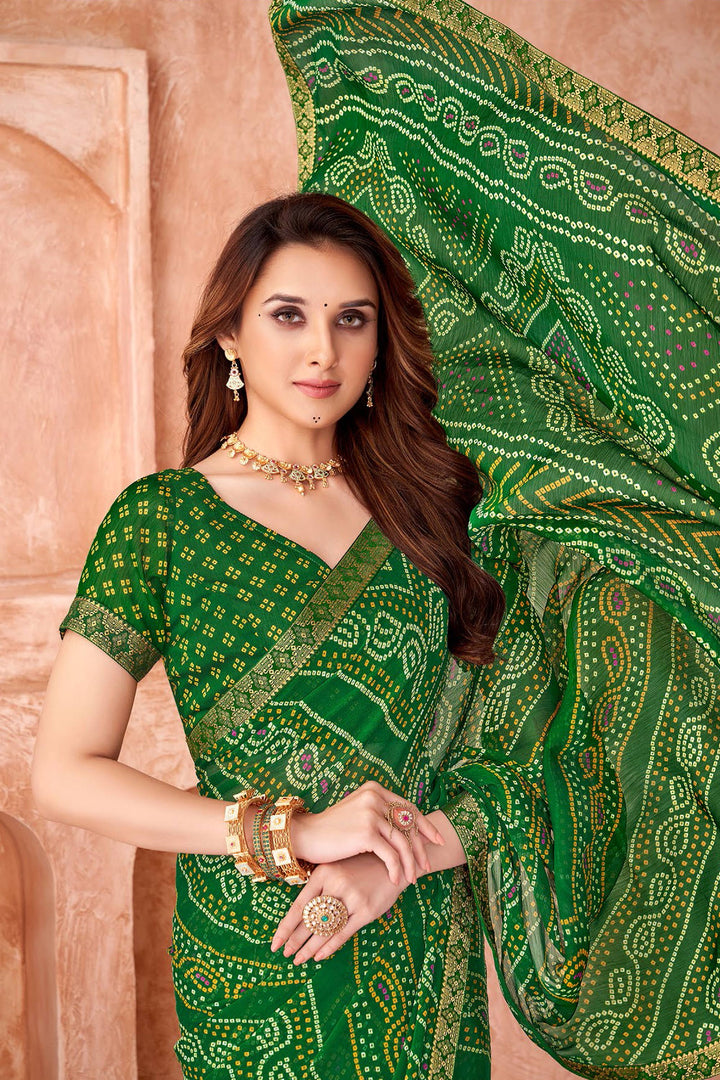 Green Color Bandhani Printed Chiffon Fabric Saree | Buy Online India