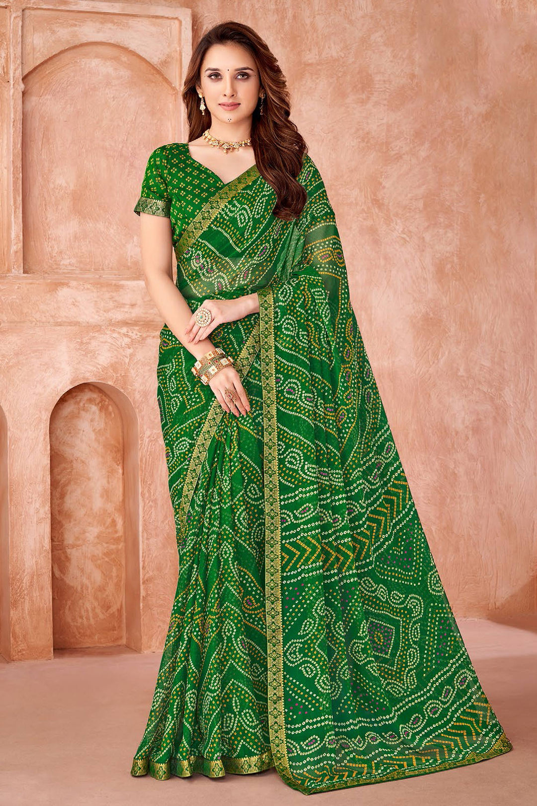Green Color Bandhani Printed Chiffon Fabric Saree | Buy Online India