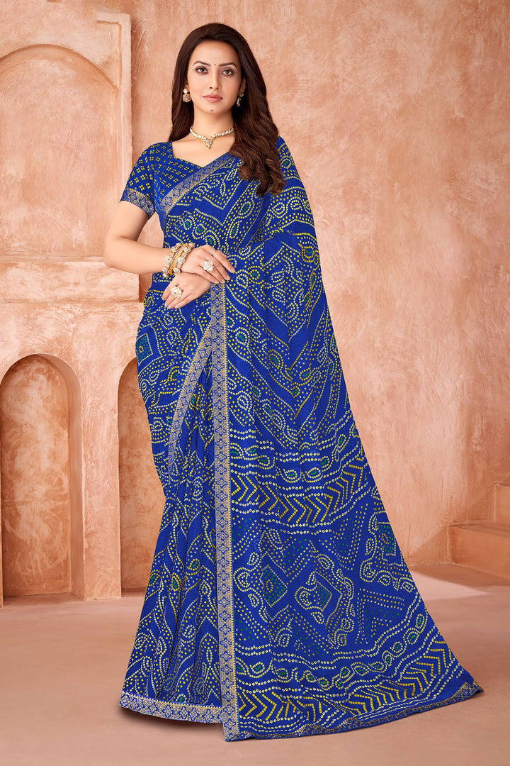 Blue Color Bandhani Printed Chiffon Fabric Saree | Buy Online India
