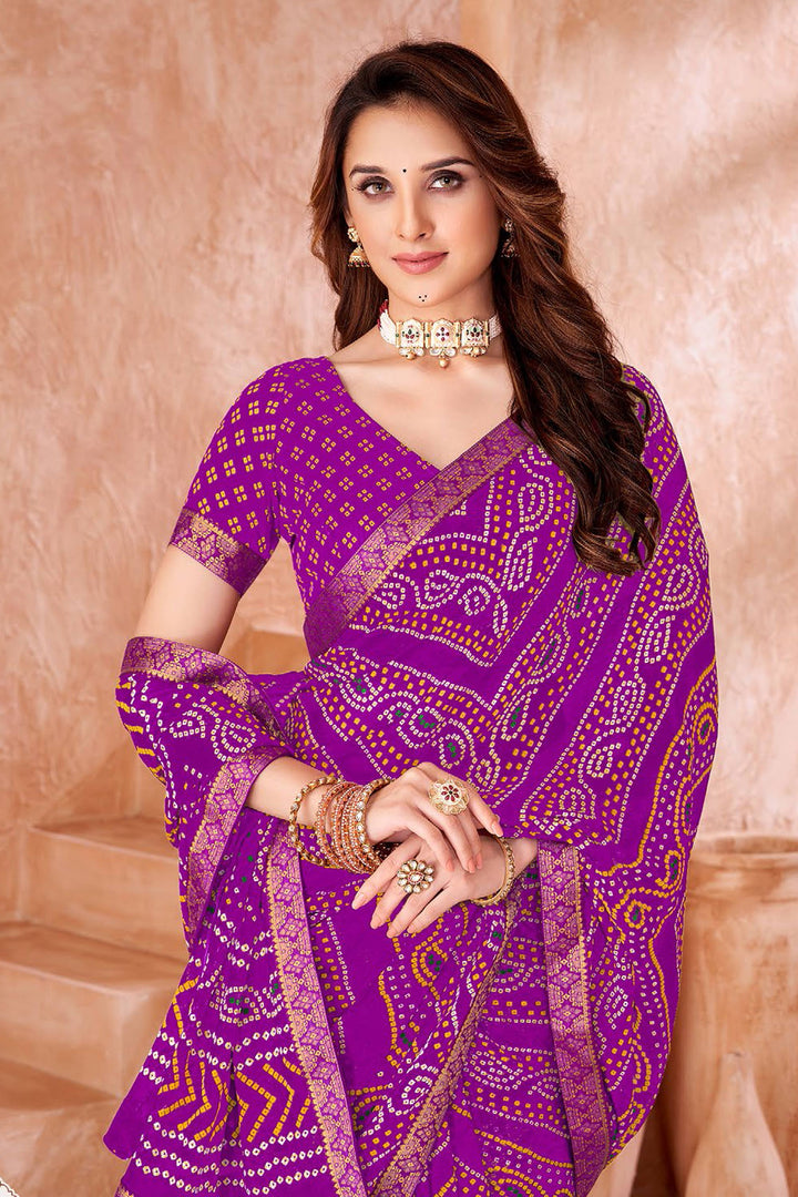 Chiffon Fabric Purple Color Bandhani Printed Saree | Buy Online India