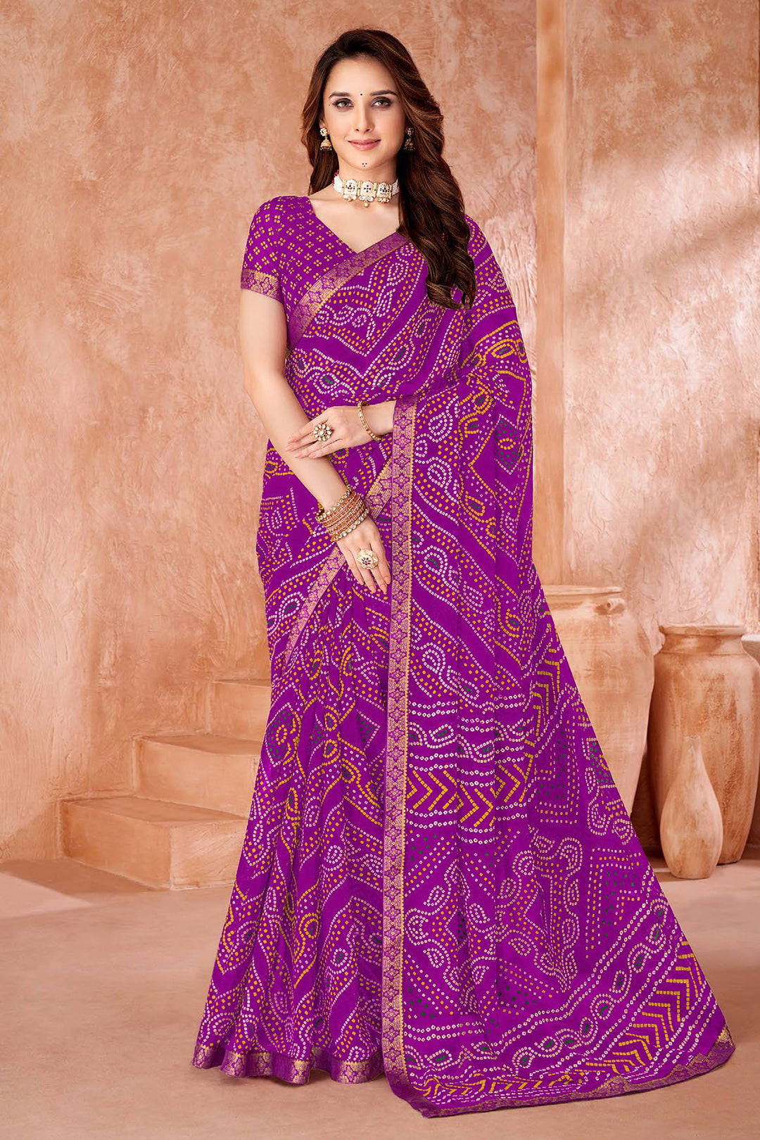 Chiffon Fabric Purple Color Bandhani Printed Saree | Buy Online India