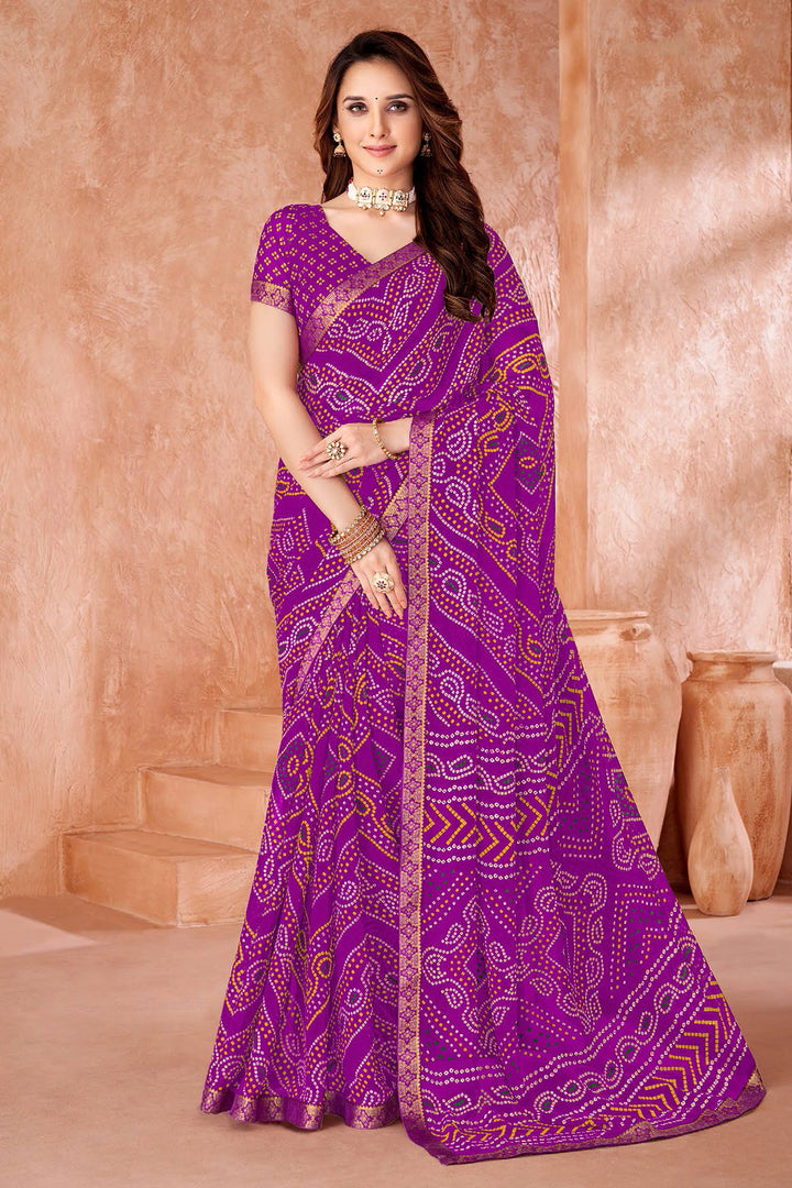 Chiffon Fabric Purple Color Bandhani Printed Saree | Buy Online India