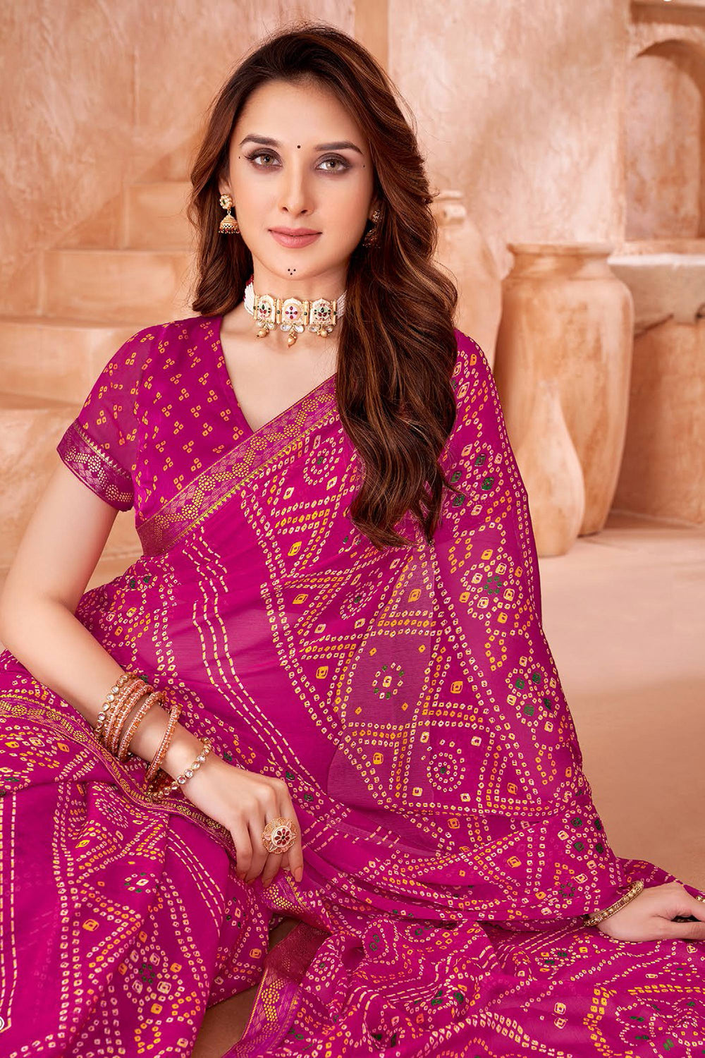 Magenta Color Chiffon Fabric Bandhani Printed Saree | Buy Online India
