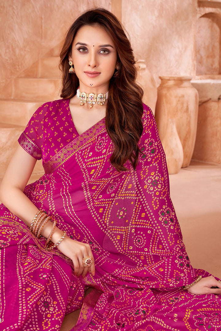 Magenta Color Chiffon Fabric Bandhani Printed Saree | Buy Online India