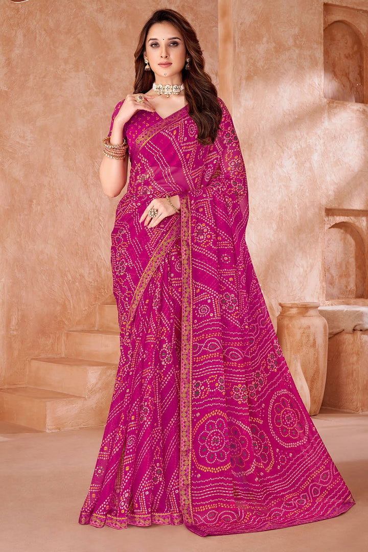 Magenta Color Chiffon Fabric Bandhani Printed Saree | Buy Online India