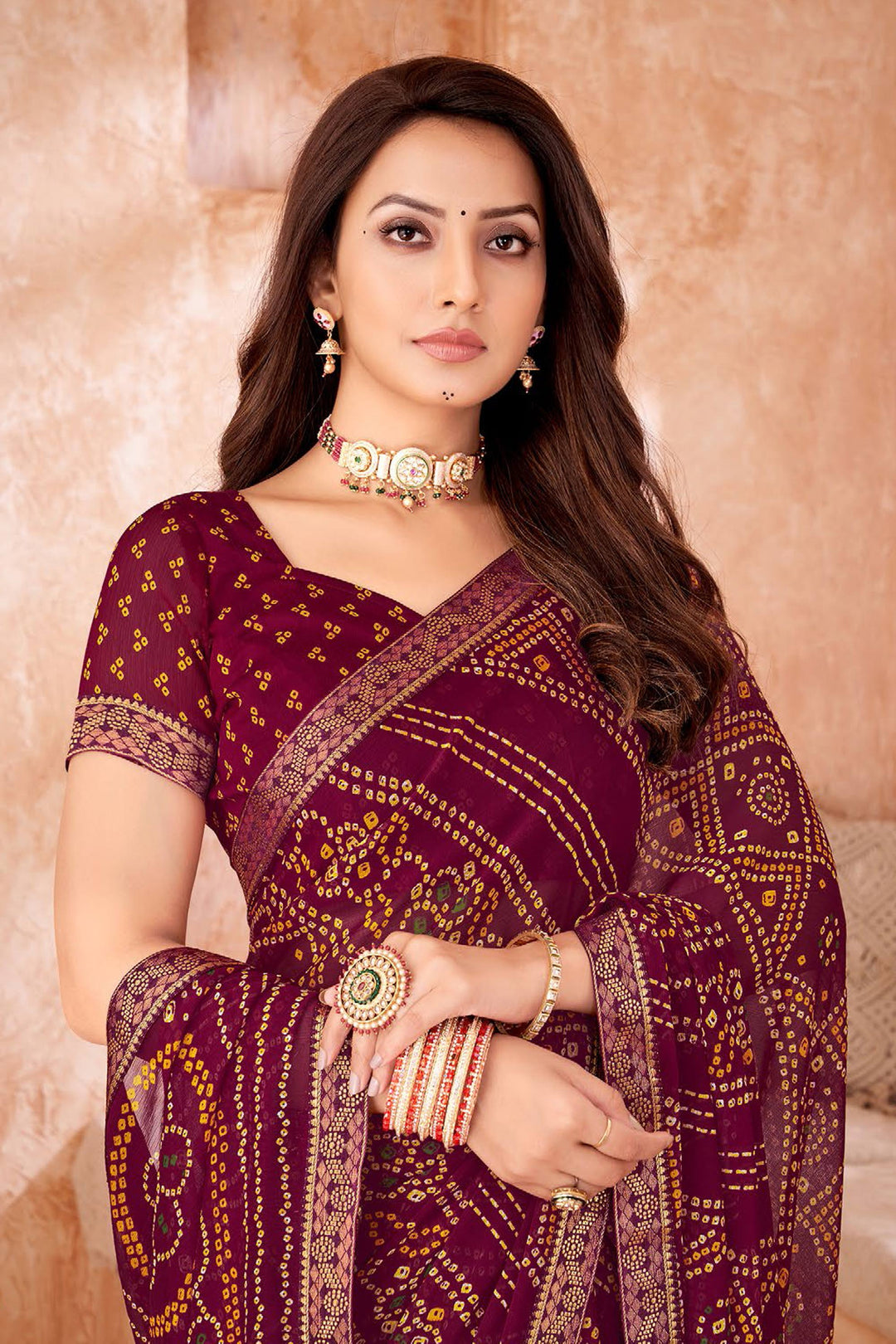 Maroon Color Bandhani Printed Chiffon Fabric Saree | Buy Online India