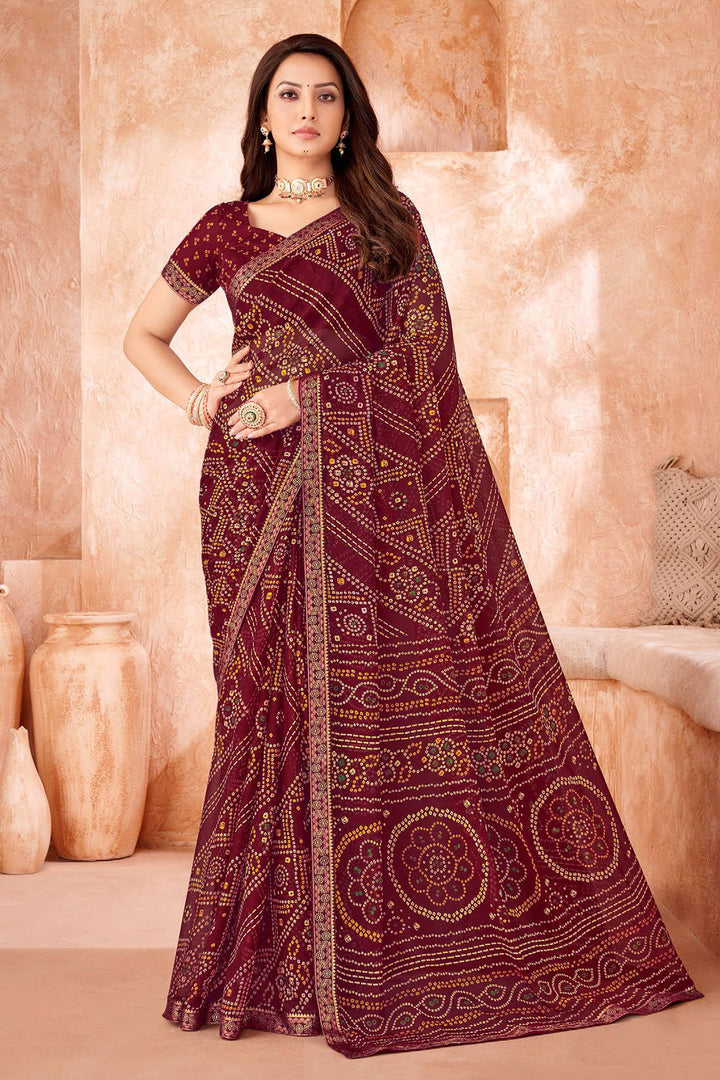Maroon Color Bandhani Printed Chiffon Fabric Saree | Buy Online India