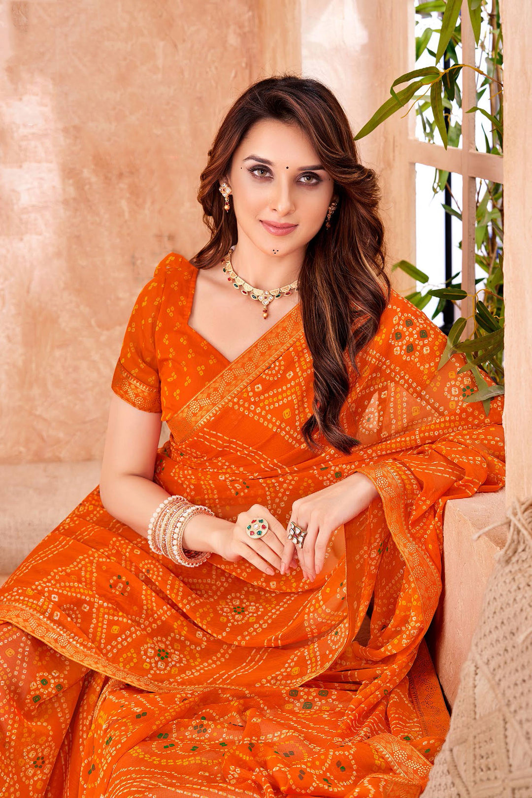 Chiffon Fabric Orange Color Bandhani Printed Saree | Buy Online India