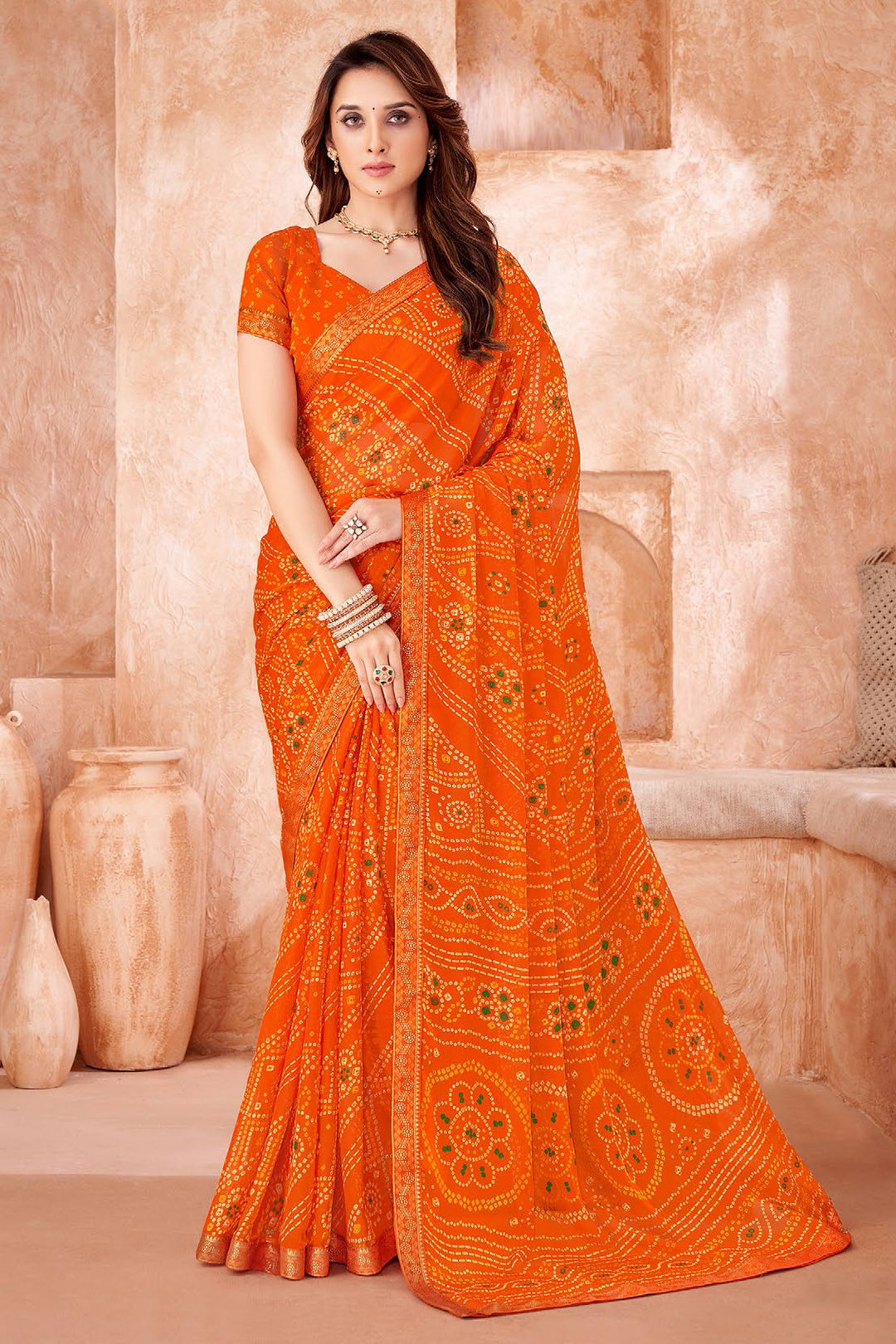 Chiffon Fabric Orange Color Bandhani Printed Saree | Buy Online India