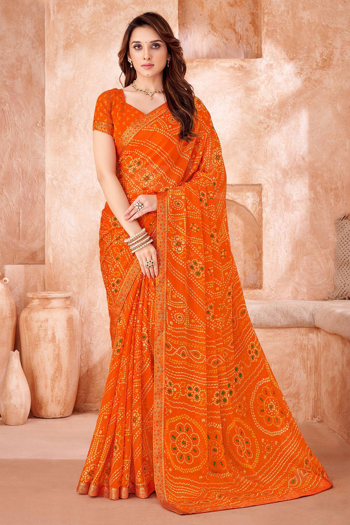 Chiffon Fabric Orange Color Bandhani Printed Saree | Buy Online India