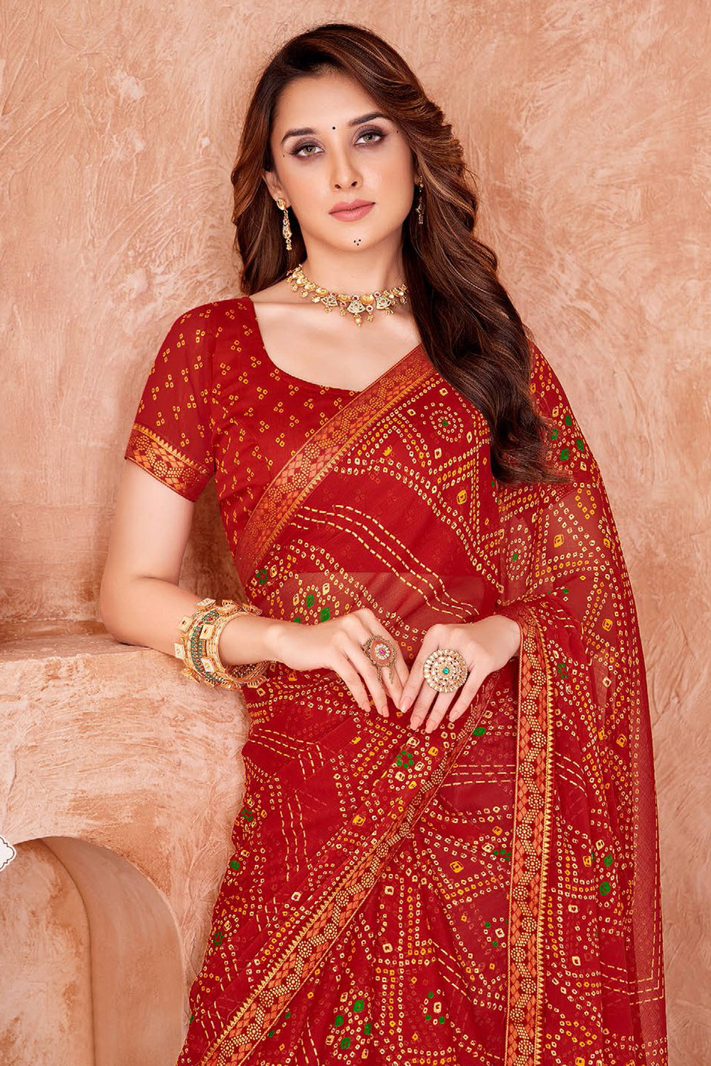 Red Color Chiffon Fabric Bandhani Printed Saree | Buy Online India