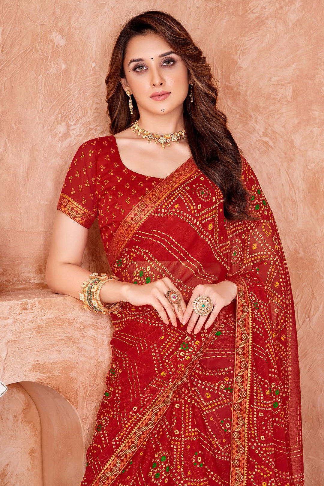 Red Color Chiffon Fabric Bandhani Printed Saree | Buy Online India