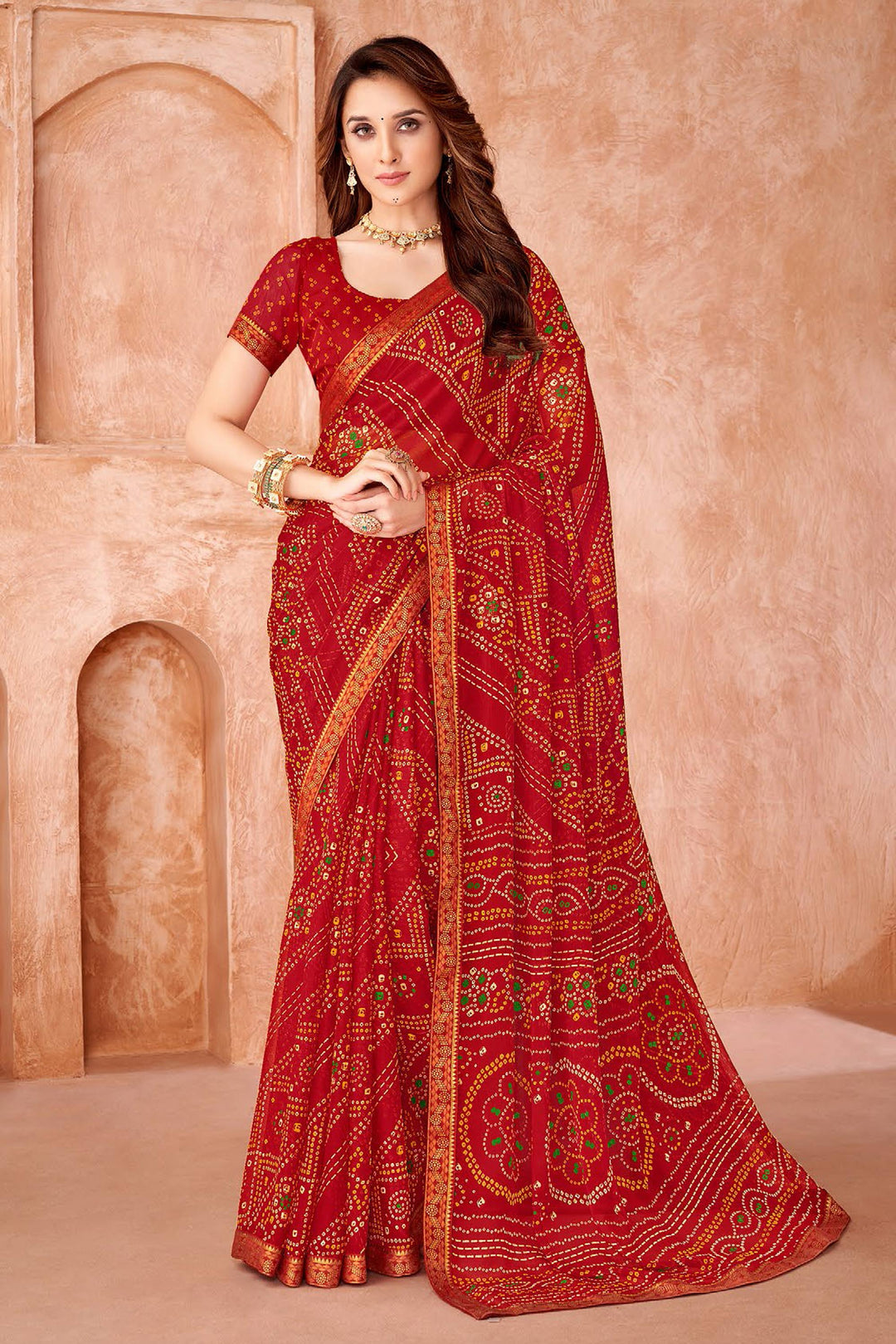 Red Color Chiffon Fabric Bandhani Printed Saree | Buy Online India
