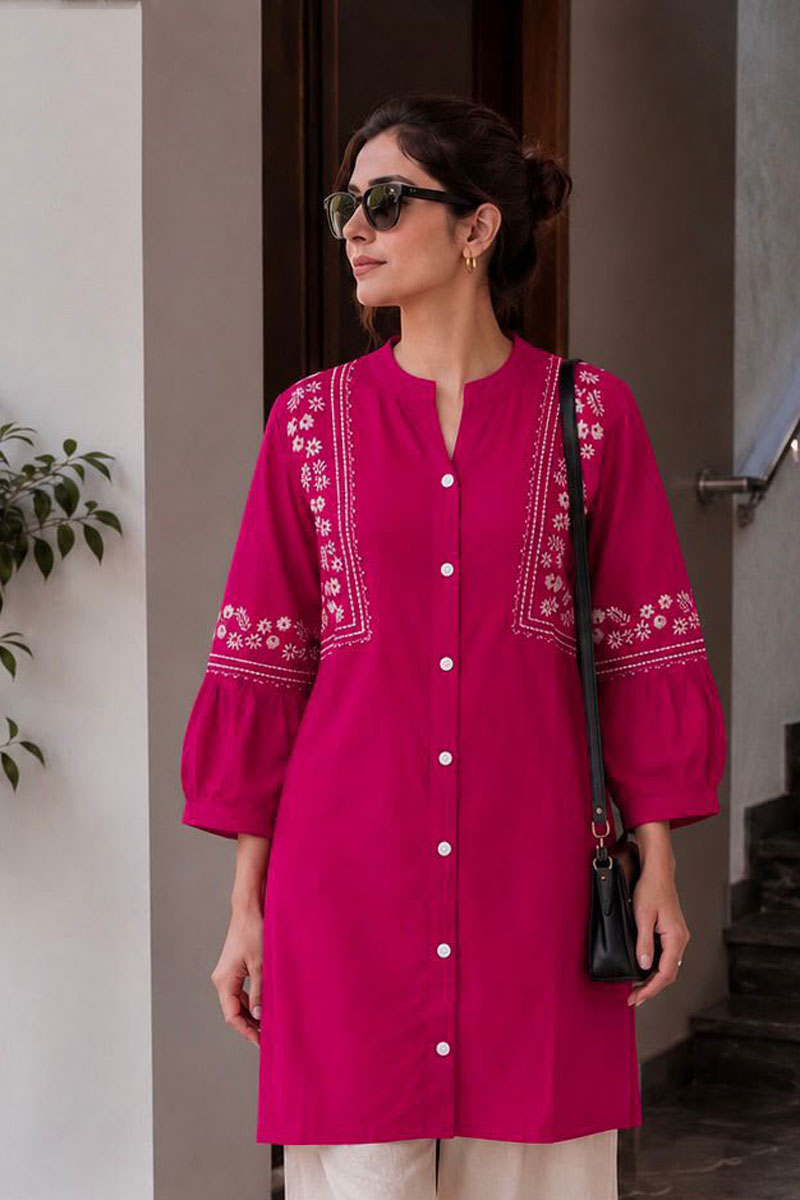 Trendy Casual Wear Rani Color Rayon Kurti With Bottom | Buy Online India