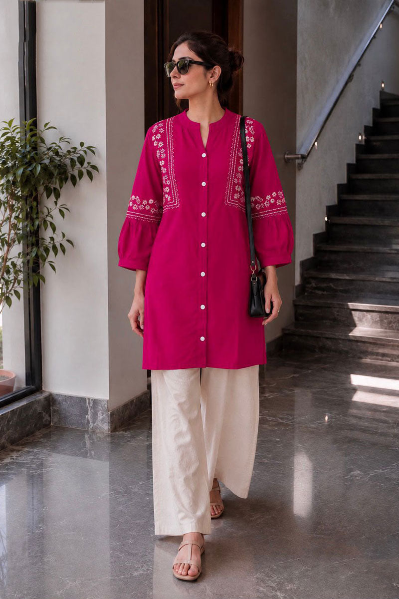 Trendy Casual Wear Rani Color Rayon Kurti With Bottom | Buy Online India