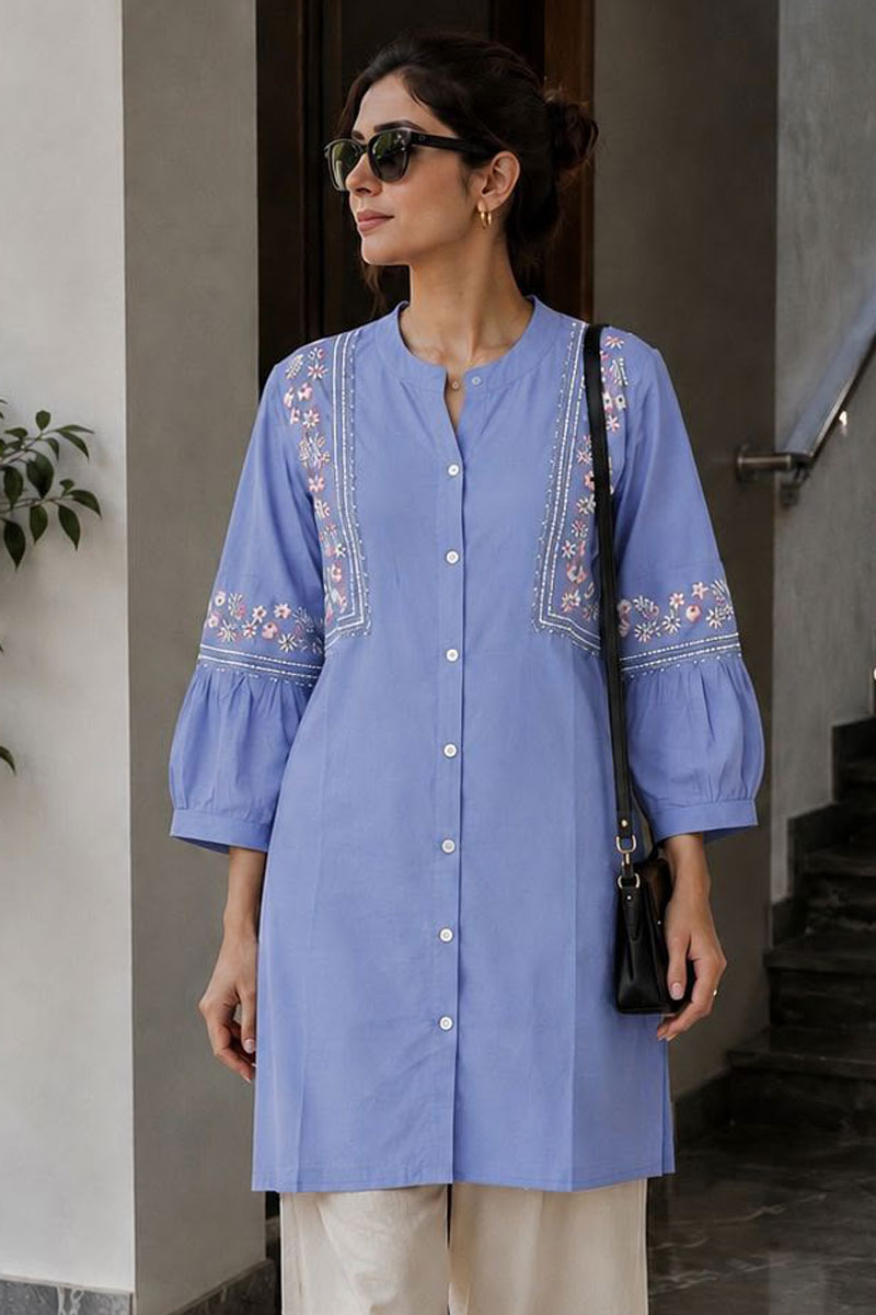 Casual Rayon Fabric Sky Blue Gorgeous Kurti With Bottom