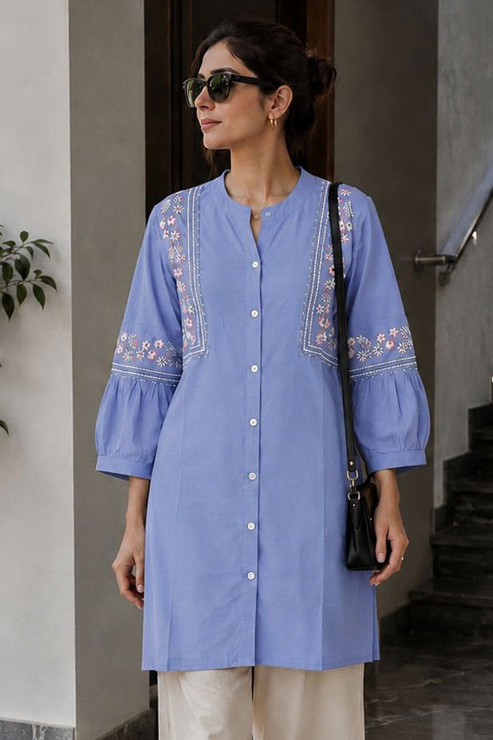 Casual Rayon Fabric Sky Blue Gorgeous Kurti With Bottom