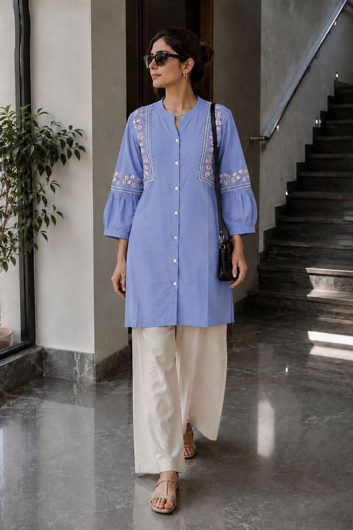 Casual Rayon Fabric Sky Blue Gorgeous Kurti With Bottom