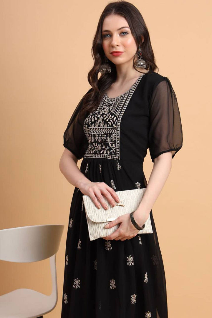 Georgette Fabric Black Color Delicate Readymade Kurti | Buy Online India