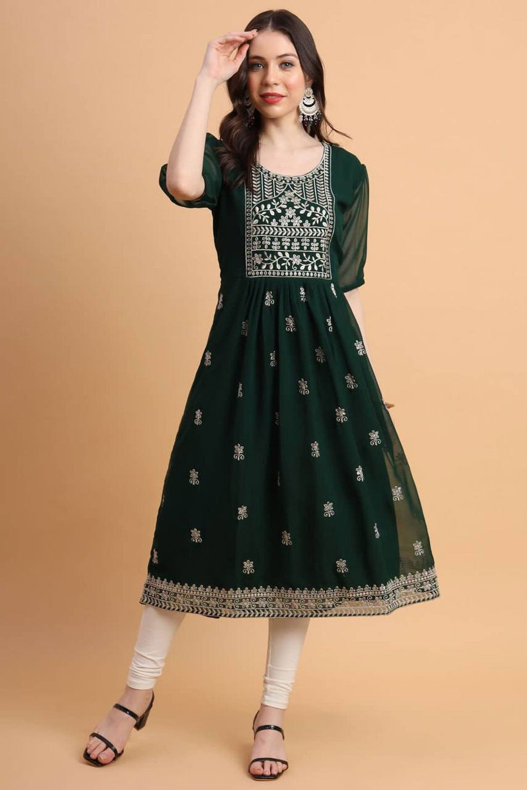 Engaging Dark Green Color Georgette Fabric Readymade Kurti | Buy Online India
