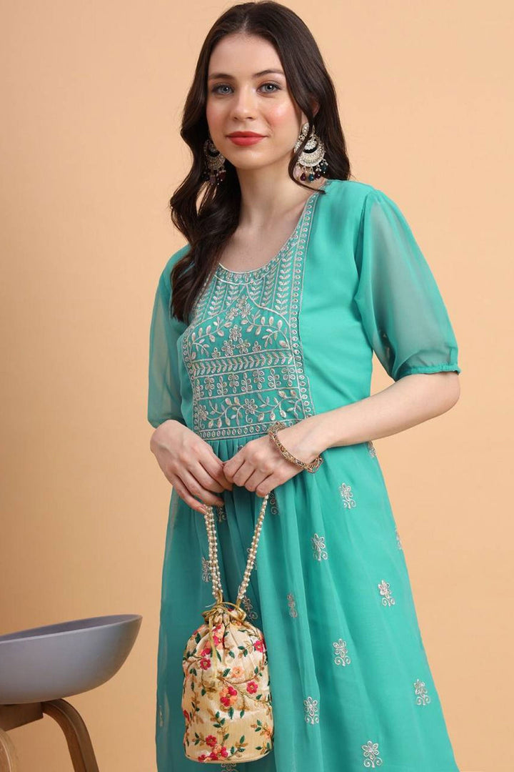 Amazing Sea Green Color Georgette Fabric Readymade Kurti | Buy Online India