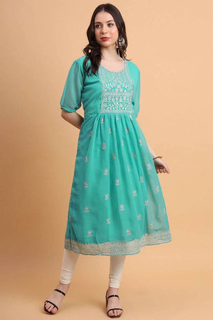 Amazing Sea Green Color Georgette Fabric Readymade Kurti | Buy Online India