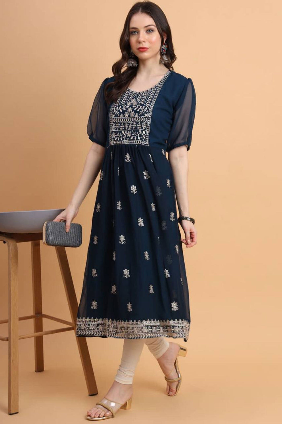 Trendy Georgette Fabric Navy Blue Color Readymade Kurti | Buy Online India