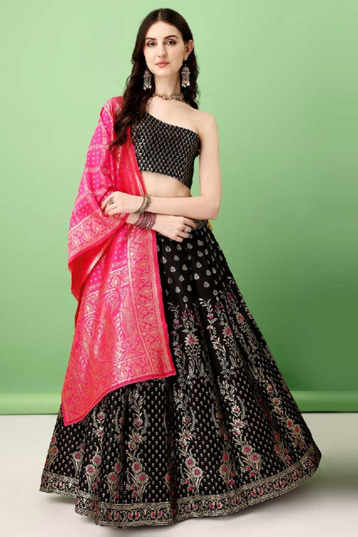 Engaging Black Color Art Silk Fabric Lehenga With Jacquard Work | Buy Online India