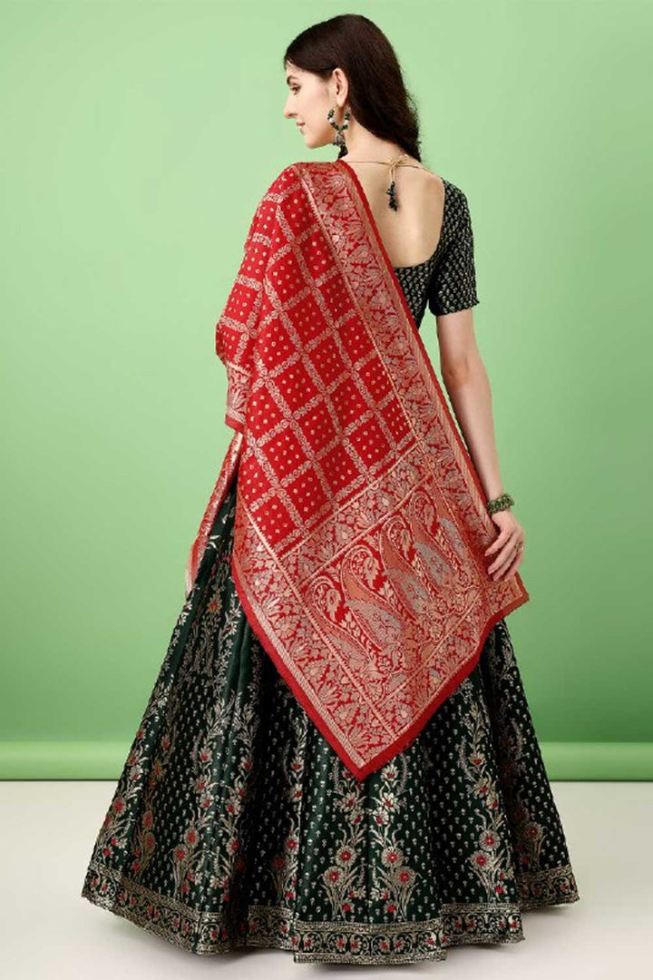 Amazing Jacquard Work On Dark Green Color Art Silk Fabric Lehenga | Buy Online India