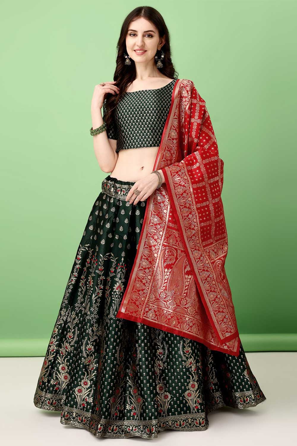 Amazing Jacquard Work On Dark Green Color Art Silk Fabric Lehenga | Buy Online India