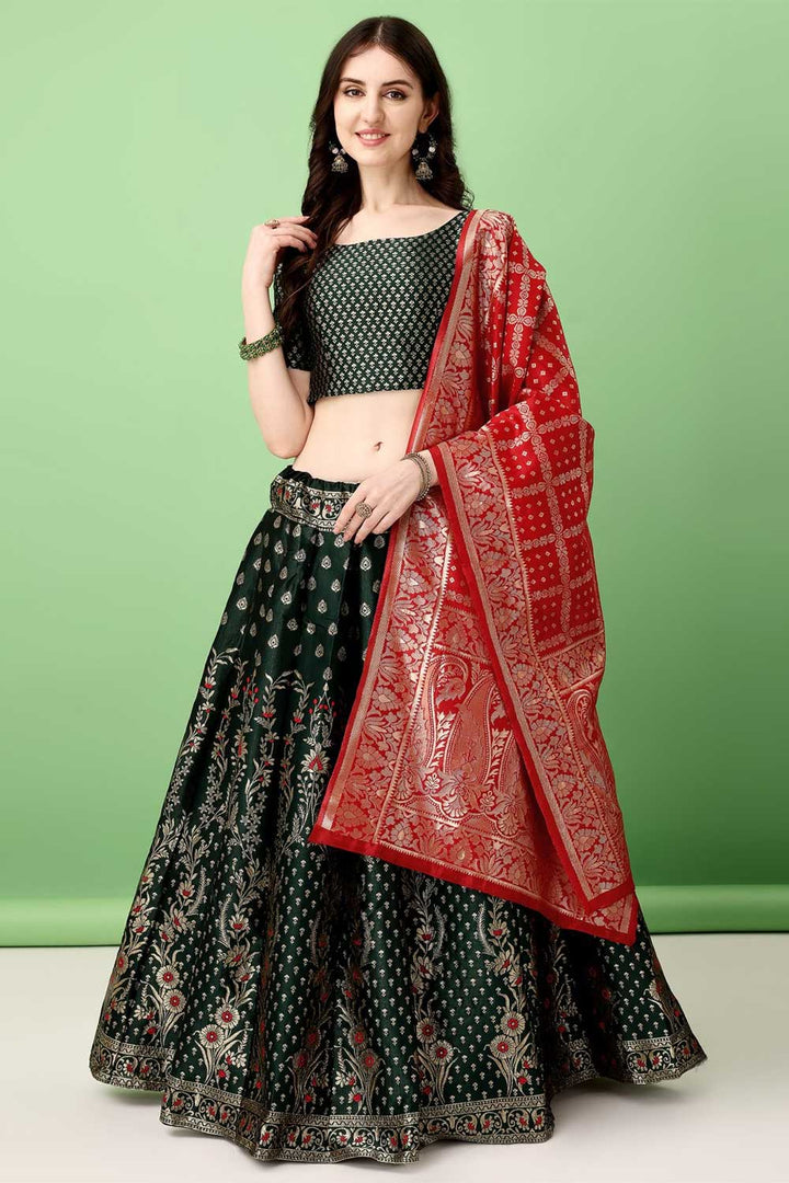 Amazing Jacquard Work On Dark Green Color Art Silk Fabric Lehenga | Buy Online India