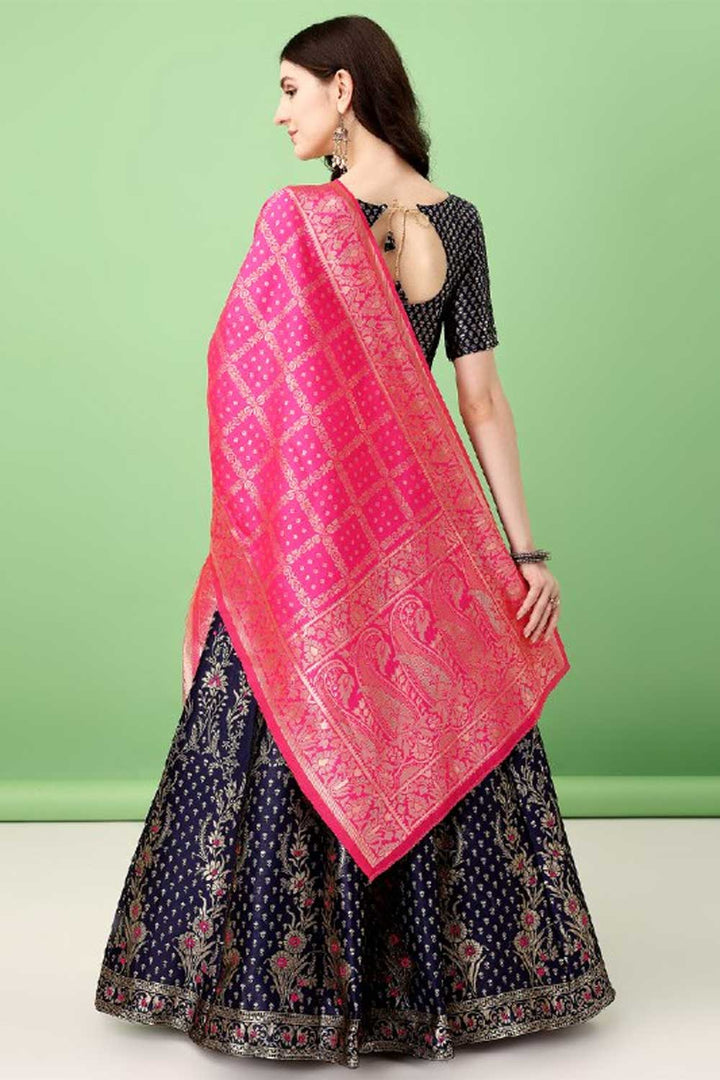 Excellent Art Silk Fabric Navy Blue Color Lehenga With Jacquard Work | Buy Online India