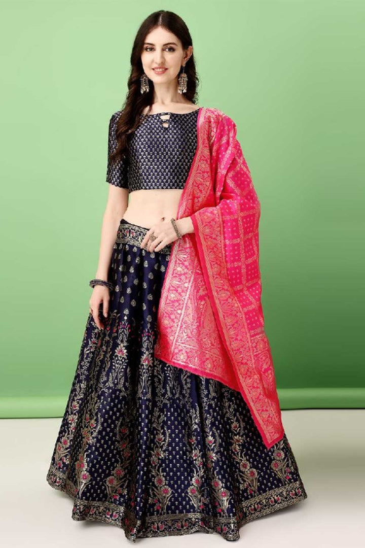 Excellent Art Silk Fabric Navy Blue Color Lehenga With Jacquard Work | Buy Online India