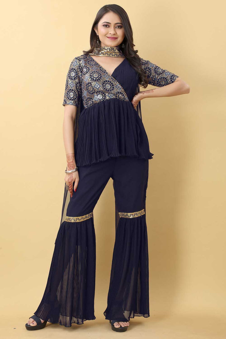 Beautiful Navy Blue Color Georgette Gharara Suit | Buy Online India