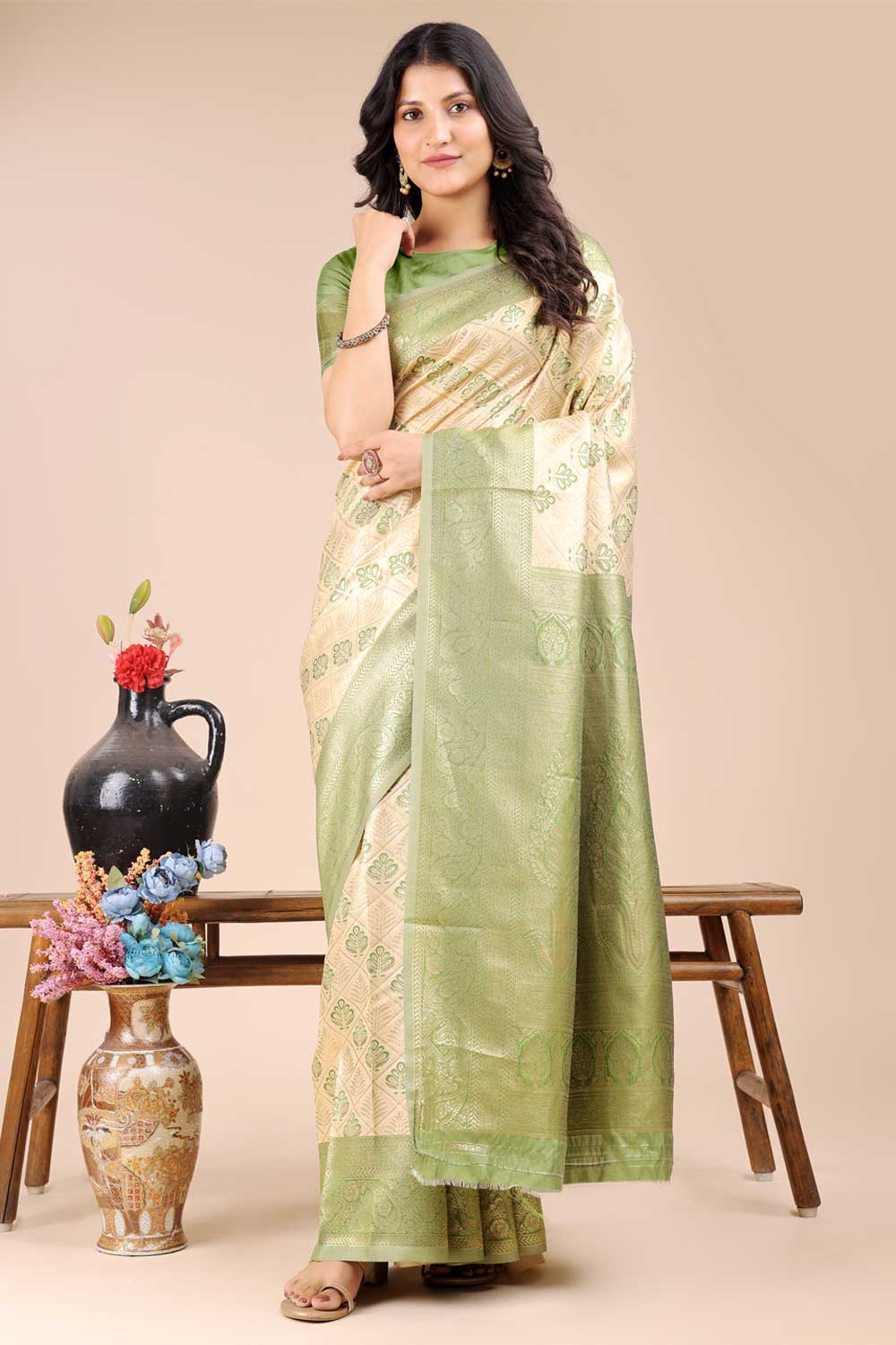 Tempting Light Green Color Banarasi Silk Two Tone Saree | Buy Online India