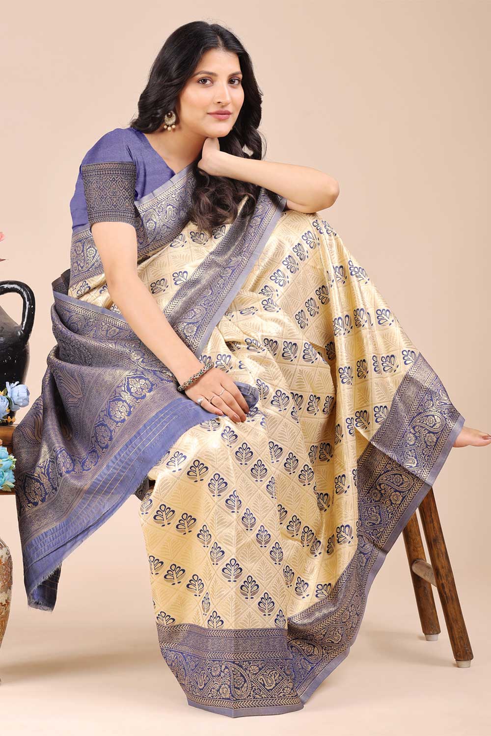 Navy Blue Color Delicate Banarasi Silk Two Tone Saree | Buy Online India