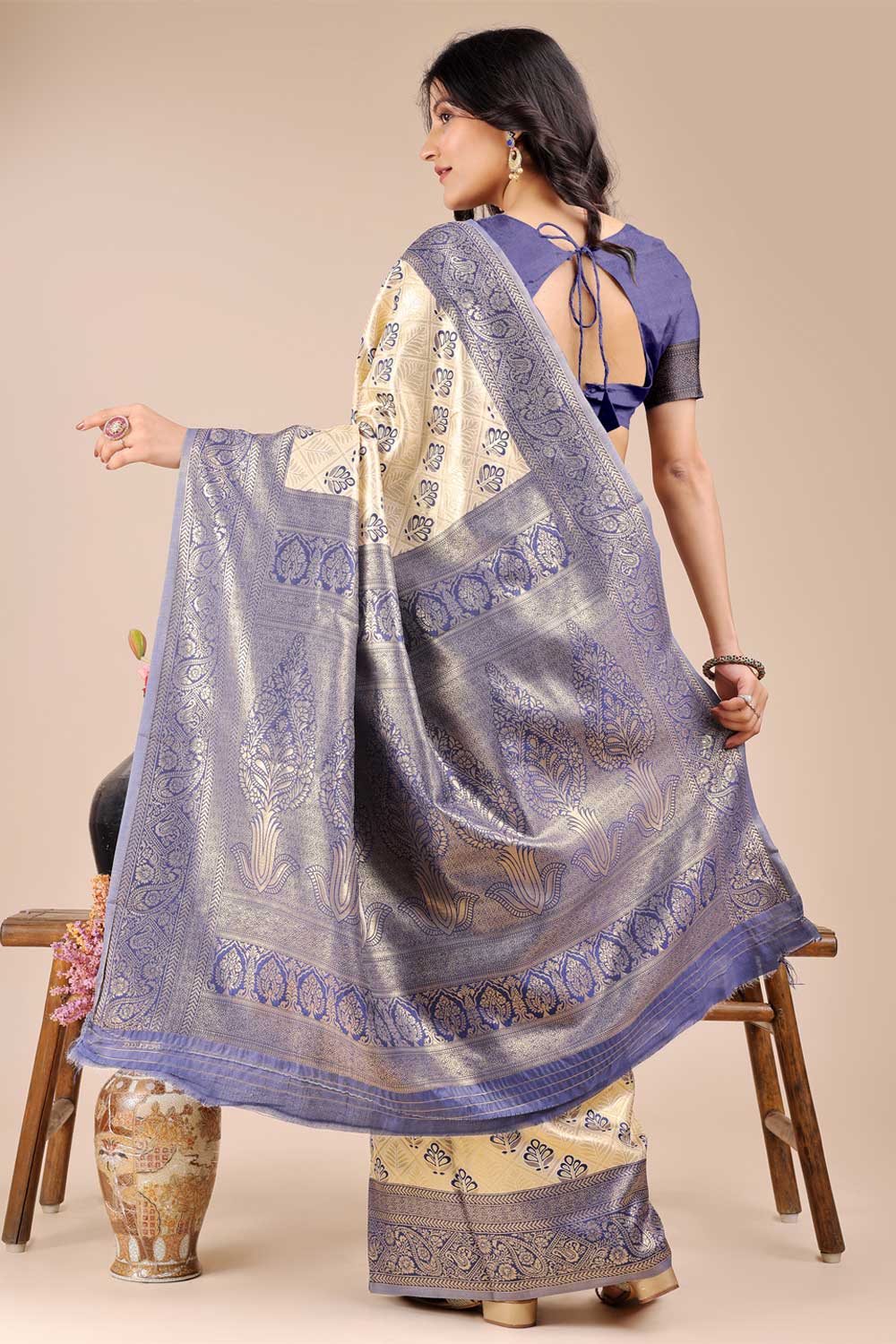 Navy Blue Color Delicate Banarasi Silk Two Tone Saree | Buy Online India