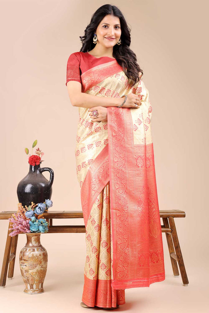 Engaging Red Color Banarasi Silk Two Tone Saree | Buy Online India