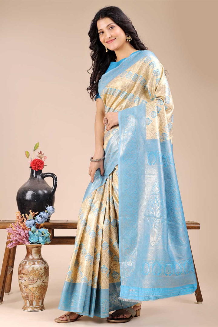 Trendy Sky Blue Color Banarasi Silk Two Tone Saree | Buy Online India