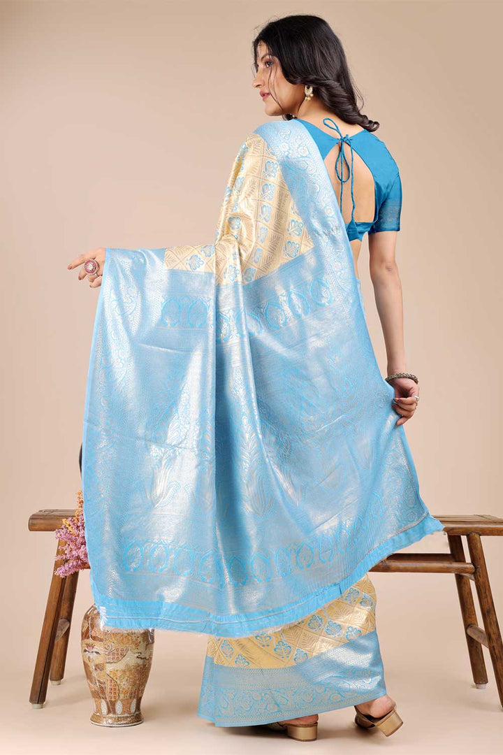 Trendy Sky Blue Color Banarasi Silk Two Tone Saree | Buy Online India