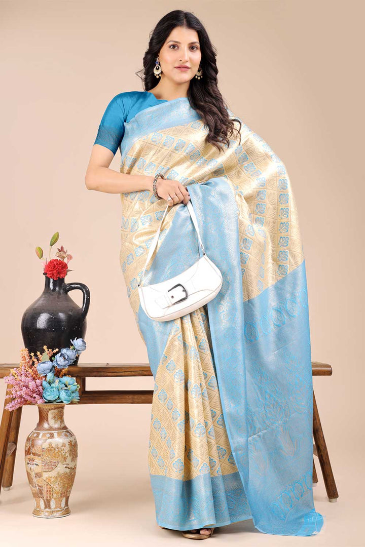 Trendy Sky Blue Color Banarasi Silk Two Tone Saree | Buy Online India