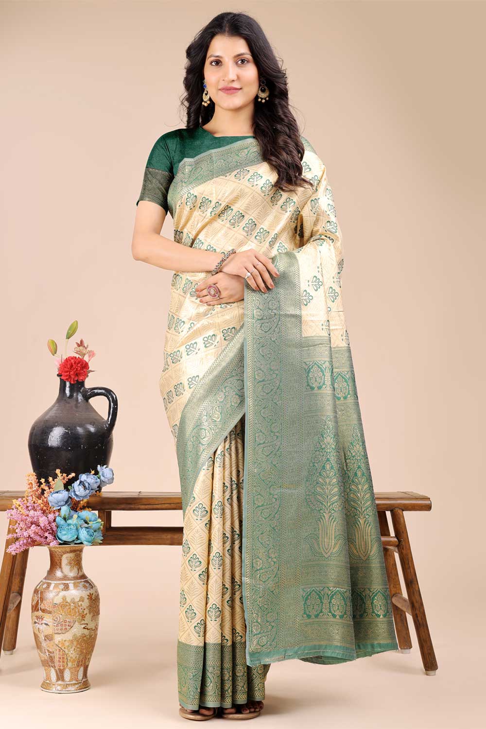 Green Color Chic Banarasi Silk Two Tone Saree | Buy Online India