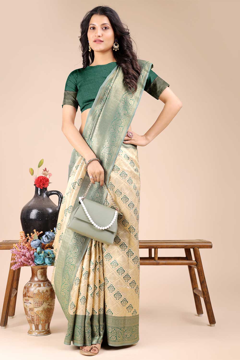 Green Color Chic Banarasi Silk Two Tone Saree | Buy Online India