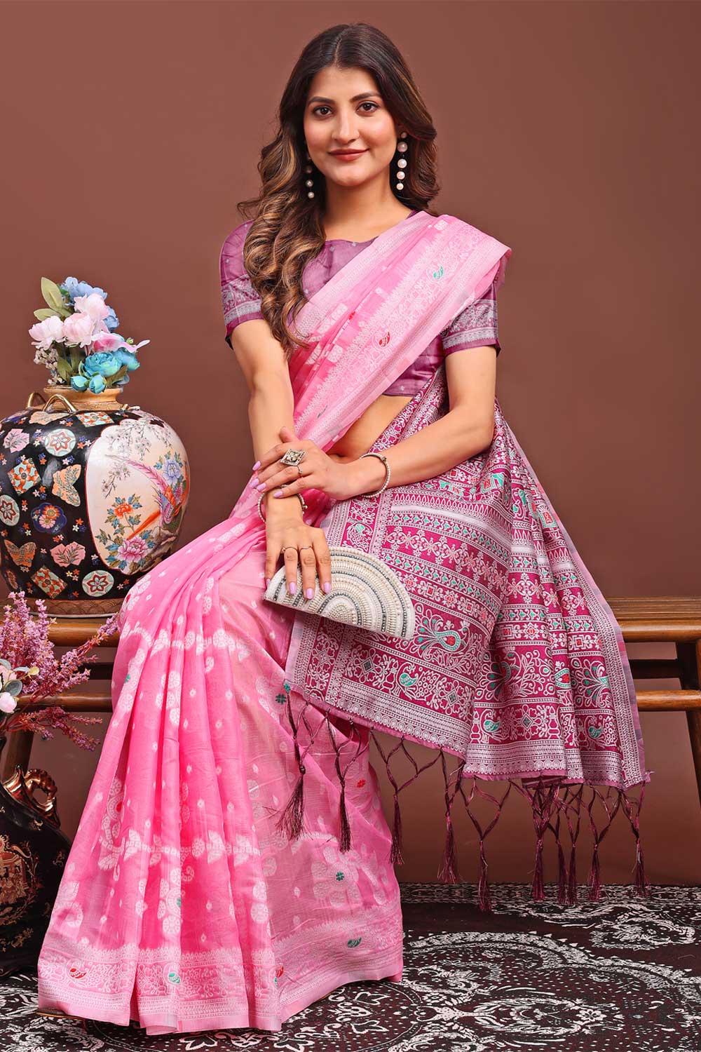 Pink Color Linen Fabric Engaging Saree With Printed Work | Buy Online India