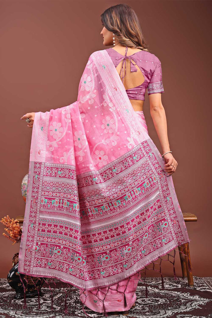 Pink Color Linen Fabric Engaging Saree With Printed Work | Buy Online India