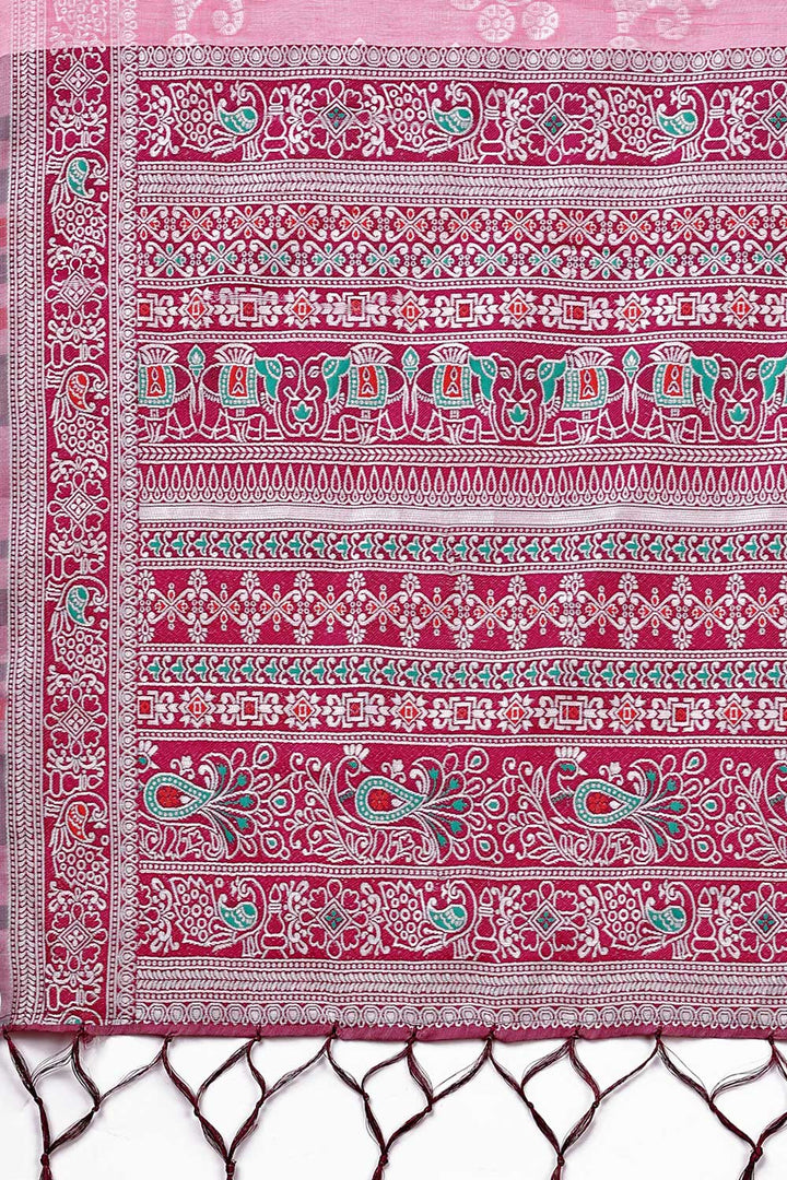 Pink Color Linen Fabric Engaging Saree With Printed Work | Buy Online India